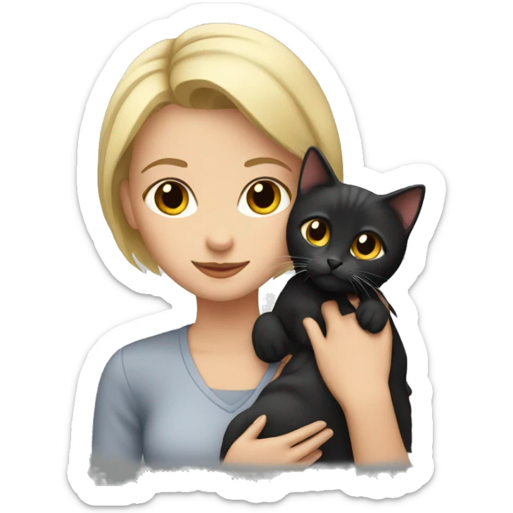 blonde with short hair holds a black, gray and red cat in her arms sticker
