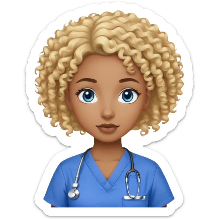 Dark Black Girl with curly blonde hair and blue eyes in scrubs sticker