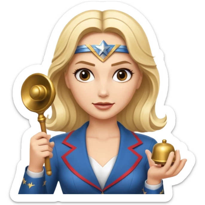 Blonde Wonder Woman holding bell and short white orchestra conductor’s baton  sticker