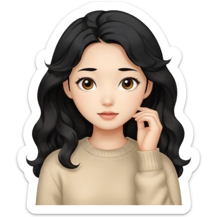 Beautiful girl,Black hair, wavy long hair,Black eyes,Chinese, beige sweater  sticker