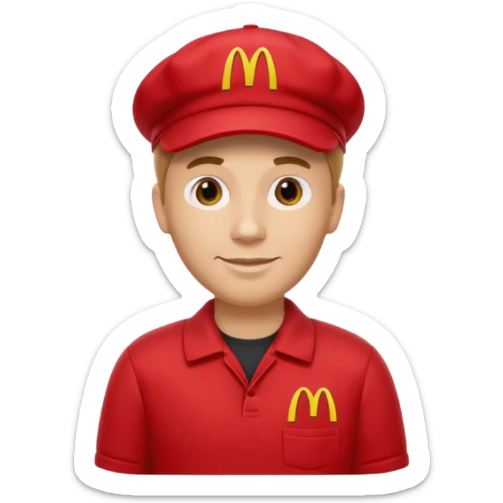 caucasian male McDonald's worker

red casual cashier clothes, red cap with the McDonald's logo sticker