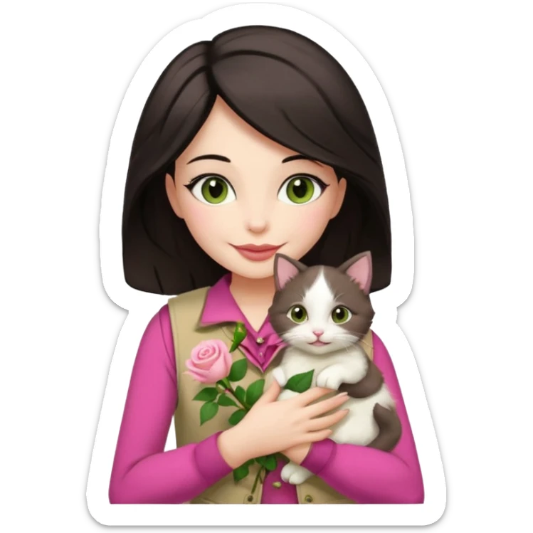 Make me an iphone avatar sticker of a woman with slightly brown black wavelength hair, dark brown eyes, slightly yellow white skin, pink lips, brown clothes and cream vest with a rose flower motif who is smiling and hugging a white kitten with green eyes. sticker
