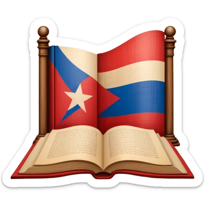 Timeless book with Puerto Rican flag design, theater stage symbol carved in wood, parchment and wooden textures, warm tones with a subtle glow, representing the history of scenic design sticker