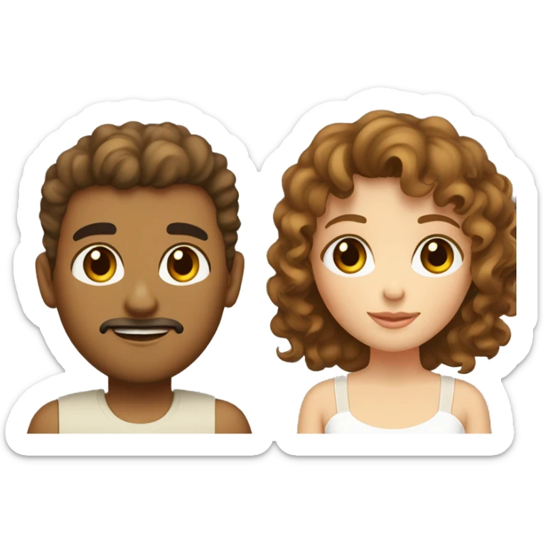 A couple, girl is pale with hazel green eyes light brown curly hair till waist and bangs. The man is dark skinned with little beard and black hair and eyes chubby cheeks  sticker