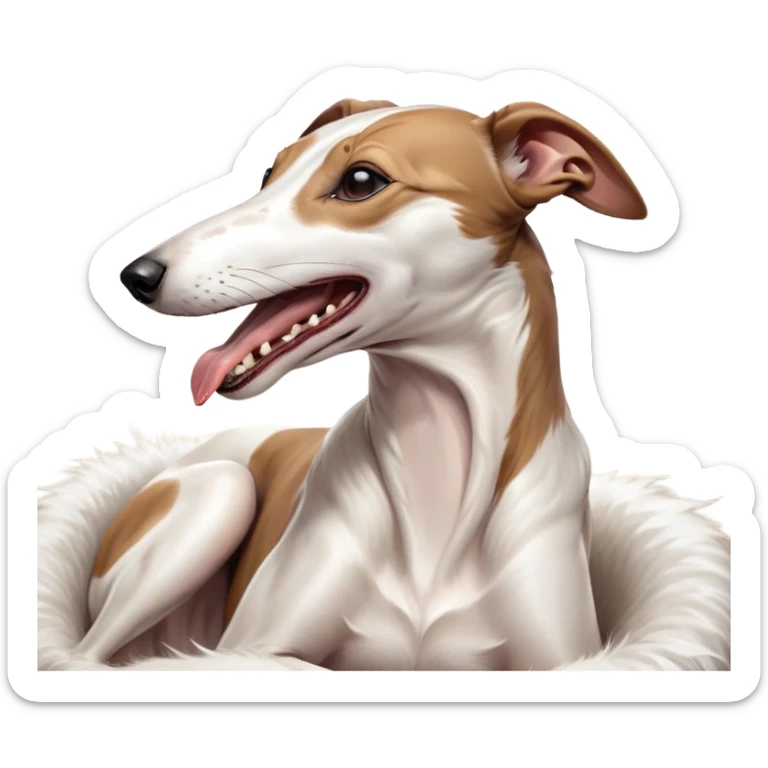 Cinematic Cute Yawning White and Brown Greyhound Portrait Emoji, Head tilted slightly with a dramatic, wide-open yawn, showcasing a pristine white Fur with bold brown markings, floppy ears slightly drooping, round eyes barely open in drowsy contentment, Simplified yet irresistibly adorable features, highly detailed, glowing with a soft, cozy glow, high shine, relaxed yet expressive, stylized with a touch of whimsy, bright and endearing, soft glowing outline, capturing the essence of a sleepy yet affectionate companion, so drowsy it feels like it could stretch out of the screen and curl up for a nap! sticker