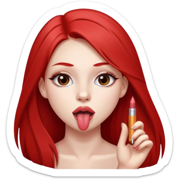 una chica de 18 años sacando la lengua con los labios con pintalabios nude y los ojos maquillados, de piel blanca con el pelo liso, largo y pelirrojo, ojos marrones sticker