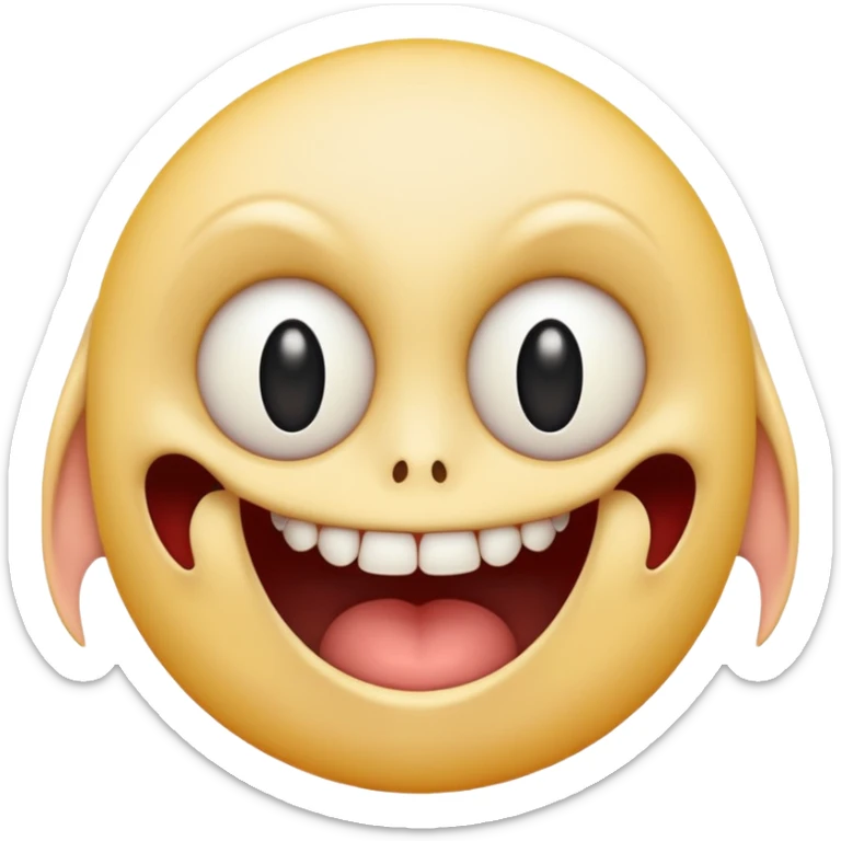 Pale emoji with completely vertical slit eyes, huge creepy grin from ear to ear, scary sticker