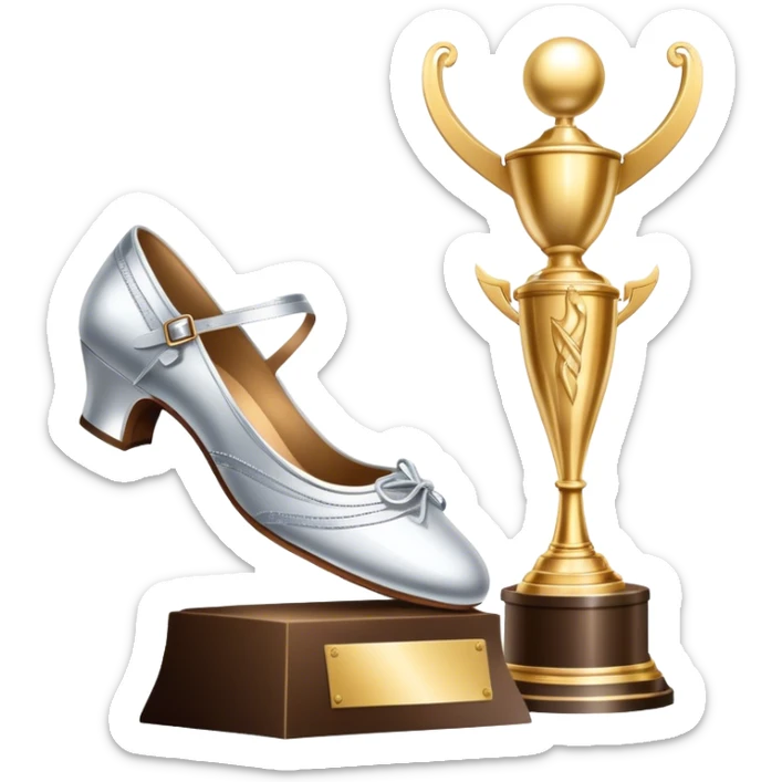 Icon for Ballroom Dancing: a pair of ballroom shoes, a dance floor with lighting, and a decorative dance trophy. The icon should represent the elegance and rhythm of ballroom dance through its key symbols. Transparent background. sticker