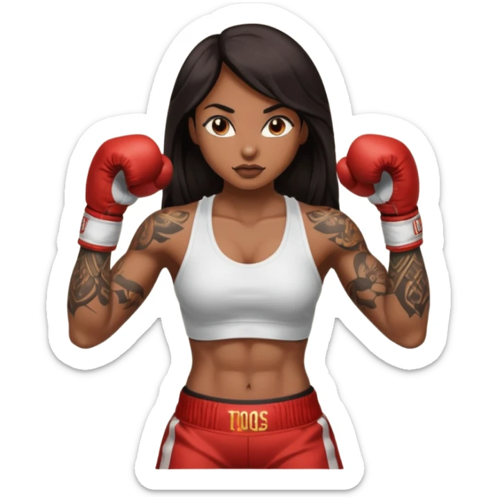 sexy brown skin girl with long dark hair, tattoes, muscles boxing sticker