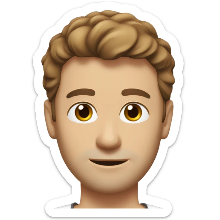 A head and shoulders shot of a 32 year old Caucasian man, with short brown hair,   with brown eyes wearing a t-shirt. sticker