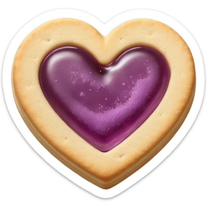 Realistic shortbread cookie in the shape of a heart with mauve jelly middle filling and sprinkled powder sugar on top. sticker