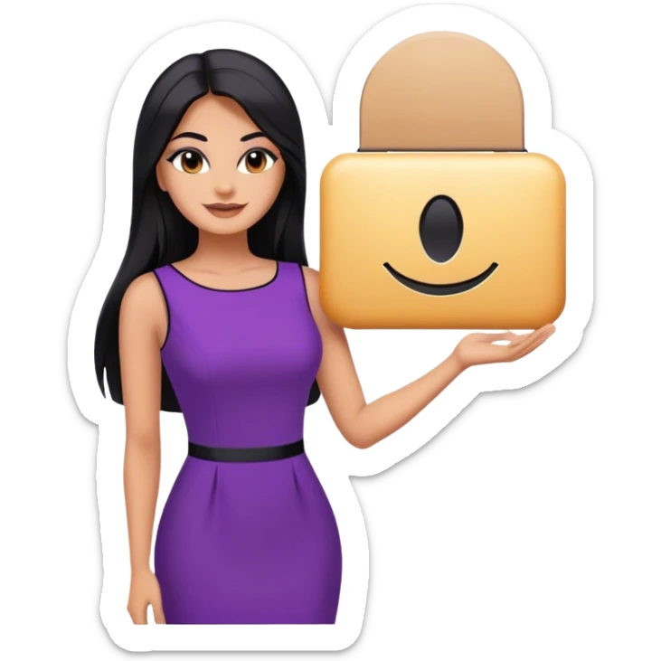 beautiful woman boss, with long straight black hair, with make up, black eye liner, smile, mexican, brown skin, wearing purple dress and, she stand up sticker