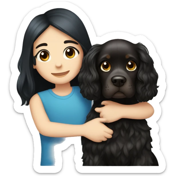 Black hair brown eye girl and blue eye blond hair boy cuddling a black cocker spaniel sticker