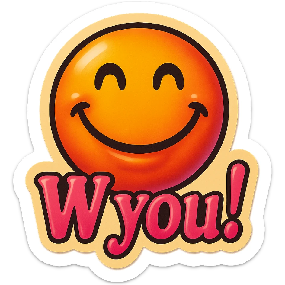 excited smile with mouth closed 
add the words W You! in pink sticker