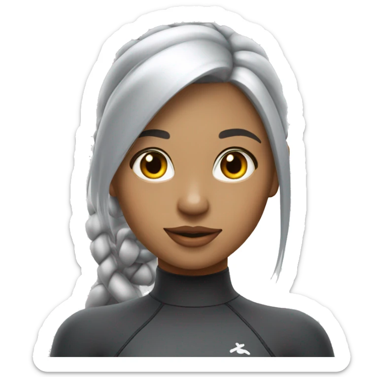A hot and beautiful cartoon girl with silver hair with straight bangs tied up with a pretty ponytail wearing a silver long sleeved sleeves wetsuit sticker