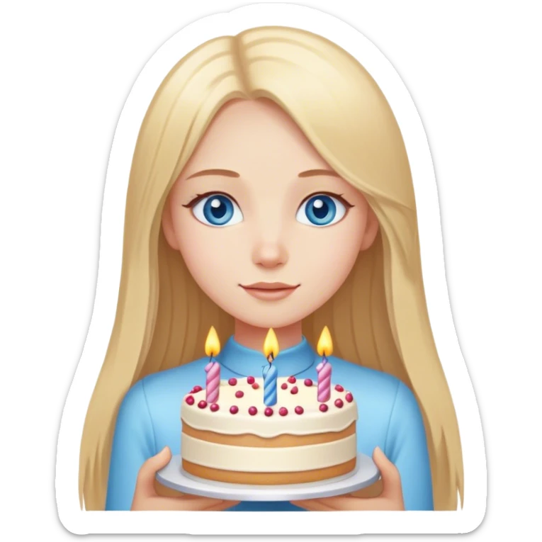 Straight long blonde hair blue eyes girl holding birthday cake sticker