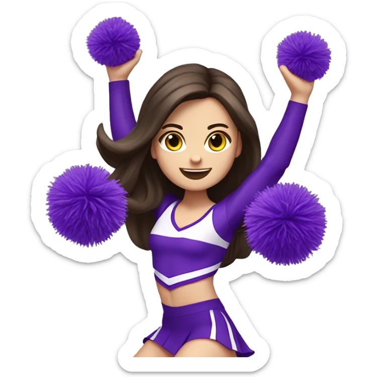 Caucasian cheerleader with long dark brown hair, jumping and holding up two purple Pom poms, small full body emoji sticker