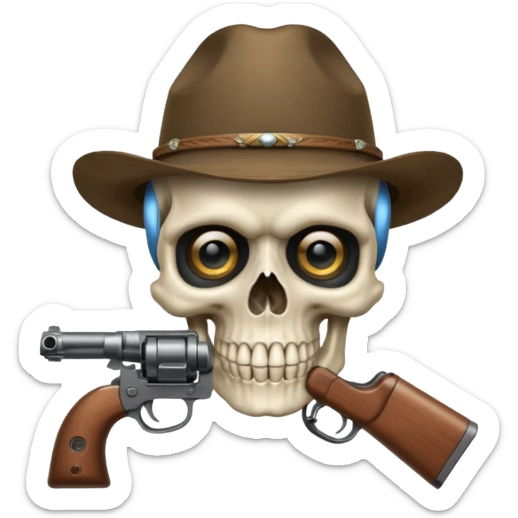 A skull with a vowboy hat and a gun whith a scope sighn on his eye and min holding the gun rember skull sticker