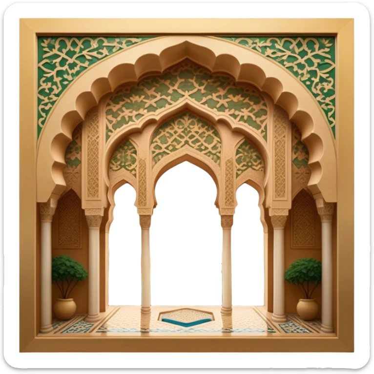 Alhambra – Cinematic Realistic Alhambra, depicted as a majestic Moorish palace with intricately carved arches, lush courtyards, and detailed tile work, bathed in soft golden light and dynamic shadows that highlight its opulent historical beauty. sticker