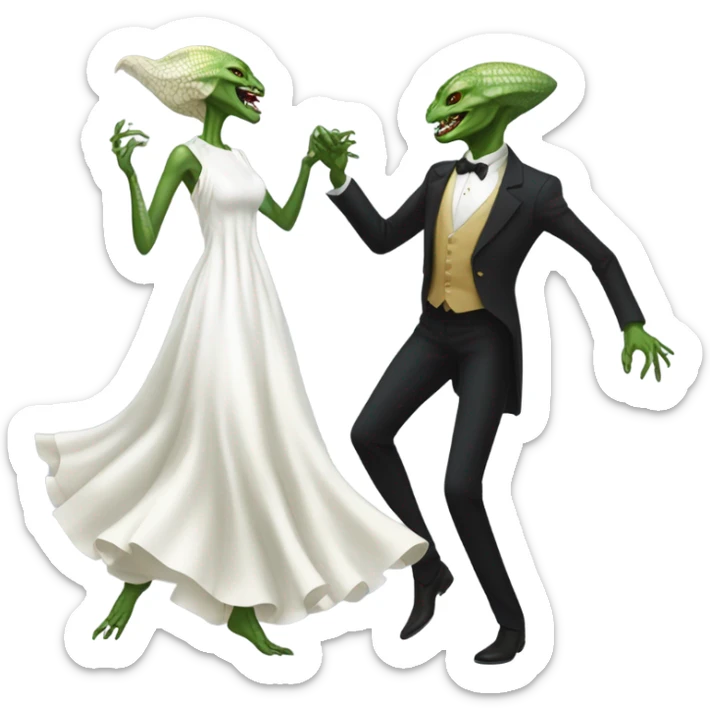  a Reptilian alien woman, in white dress, dance with a human man in frack sticker