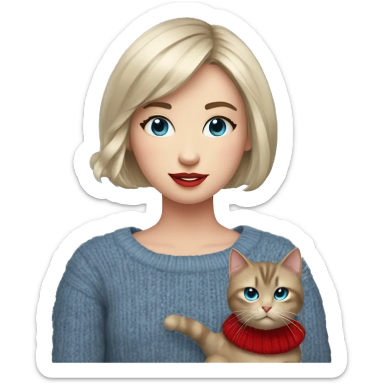 girl with short hair and bangs with blue eyes, long eyelashes and red lipstick in a red cable knit sweater holding a grey cat sticker