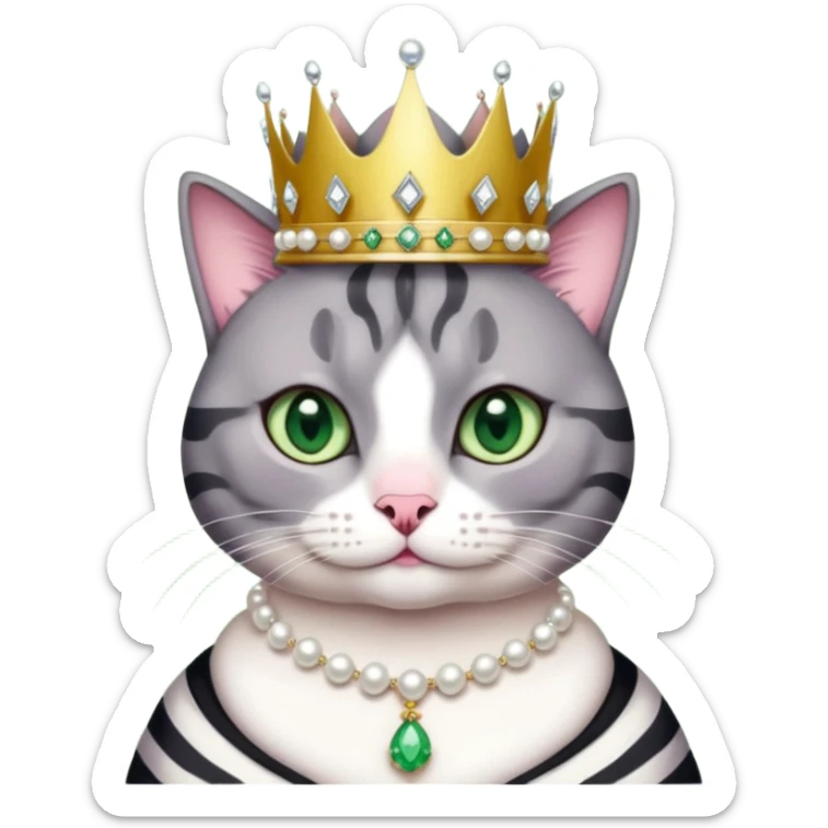 Gatito gris oscura con rayas negras ojos verdes vestida de reina con coronas y diamantes, más peluda y gordita  sticker