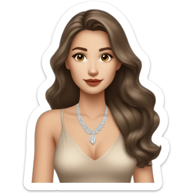 beautiful brunette russian girl with smooth skin long hair beige lipstick wearing low neck dress with a diamond necklace sticker