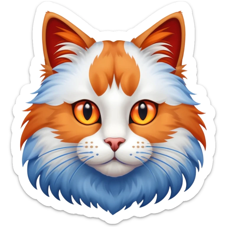 a big fluffy cat with long whiskers, brown ears and top of the head, red right eye, blue left eye sticker