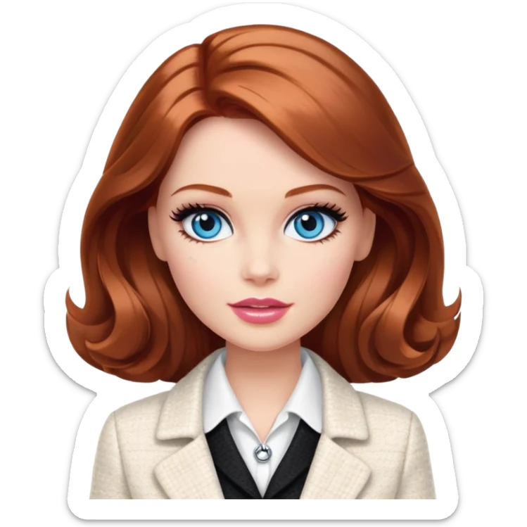 A Barbie girl with blue eyes, shoulder-length reddish-brown hair with makeup, wearing a white tweed jacket and a black skirt stands with chanel brand cream sticker