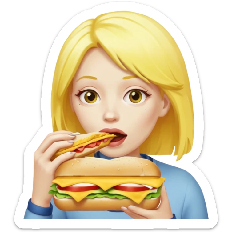 A woman with yellow hair and yellow skin eating a HUGE sandwich sticker