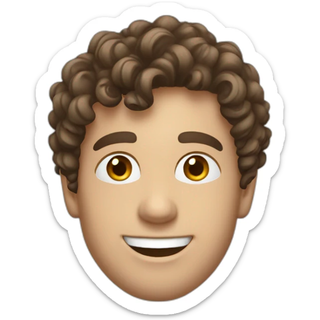 Young european business man with brown curly hair, sidecut, smiling, blue suit sticker