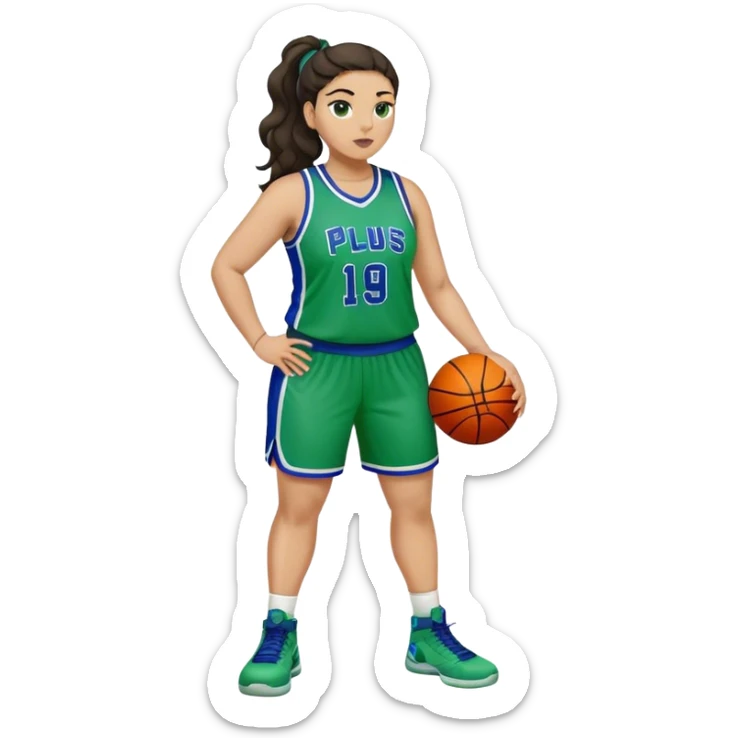 full body plus size light skin latino women basketball player with wavy dark hair in pony tail wide nose wearing blue green  uniform sticker