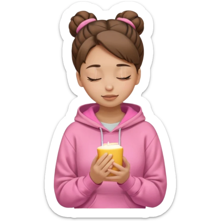light skin girl wearing headphones. only brown hair in a bun. hair color is brown. no makeup. light-light skin. pink hoodie. closed eyes.  sticker