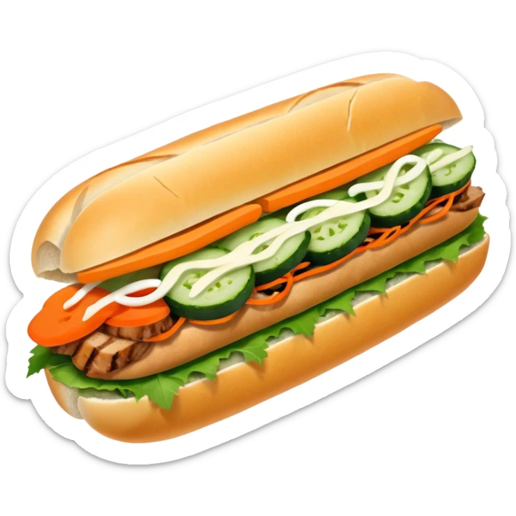 traditional banh mi with char grilled pork emoji 


    Very crusty baguette

    Mayo 

    Pickled carrot 

    Cucumber, coriander/cilantro, green onion, chilli 
 sticker