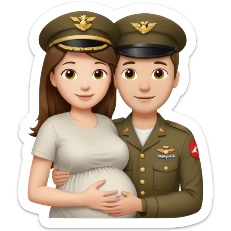 
"Pregnant woman with long brown hair and fair skin wearing a t shirt white and man with short brown hair and fair skin (without a mustache), wearing a brown military uniform, hugging and smiling."
 sticker