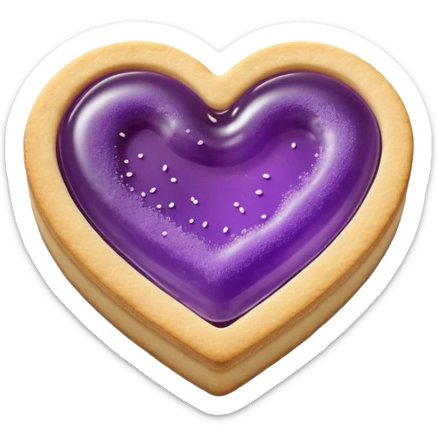 Realistic shortbread cookie in the shape of a heart with purple pastel jelly middle filling and sprinkled powder sugar on top. sticker