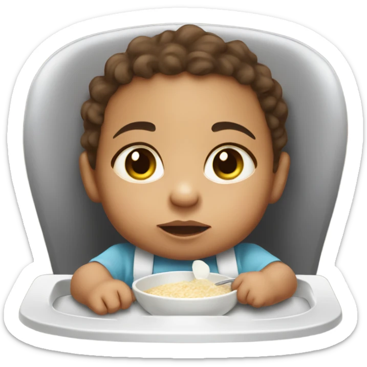 Baby eating porridge in high chair with brown hair, eyes and mixed race Jamaican  sticker