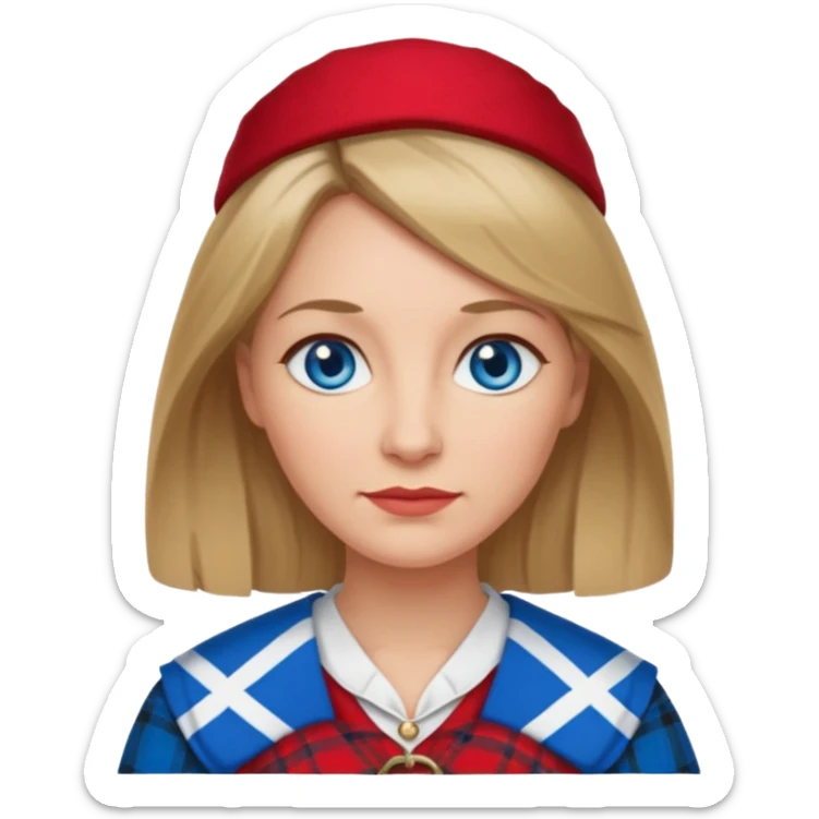 middle   aged female with Scottish red attire and dark blonde hair and blue eyes sticker