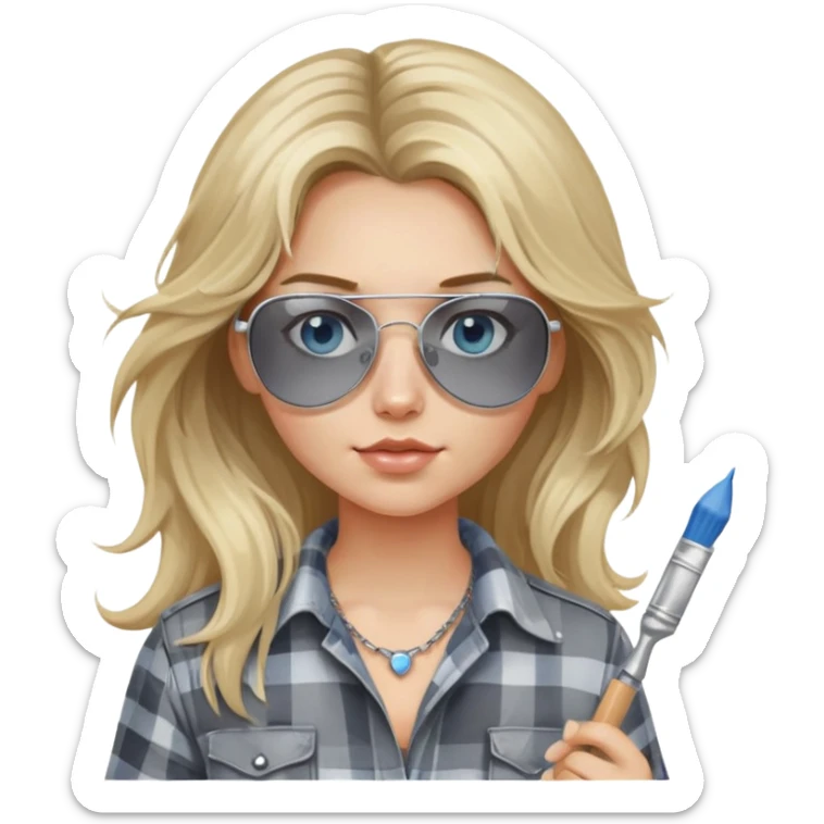 girl with long blond messy hair, wearing grey plaid shirt with blue eyes and aviator sunglasses wearing a ring on her silver necklace, holding a paint brush roller with a small bit of white paint on her face sticker