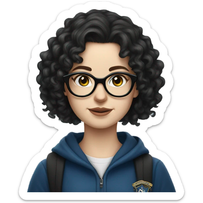 Hyper realistic White girl with long black curly hair and glasses wearing a ravenclaw school inform sticker