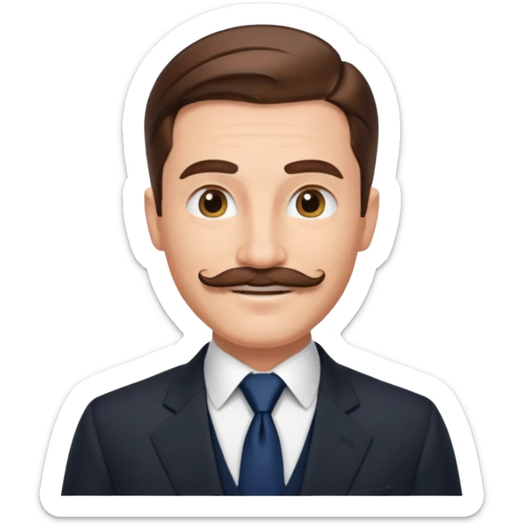 Caucasian gentleman emoji, slicked back brown hair, black suit, navy tie, smiling, mustache sticker