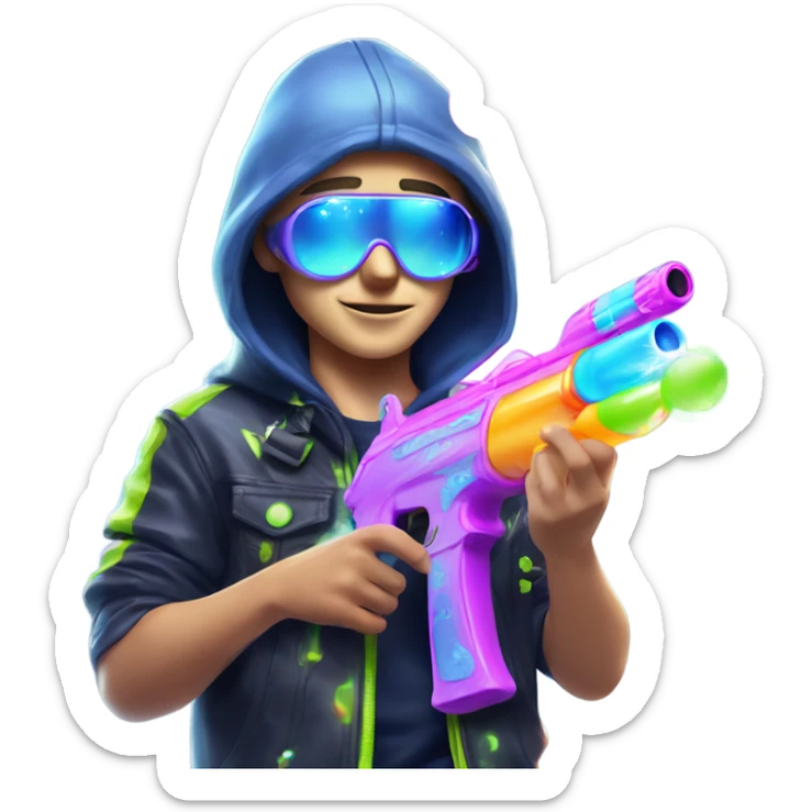 Caucasian boy in glowing rave outfit with mask, sunglasses, and headgear, shooting bubbles out of a water gun sticker