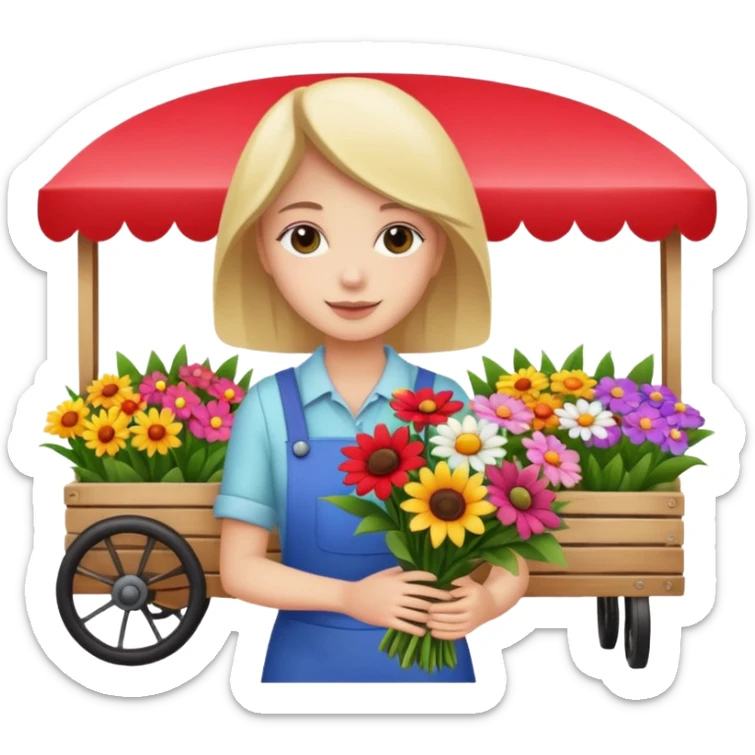 Shopper with flower bouquet,Farmers’ Market, background Flowers cart, market. sticker