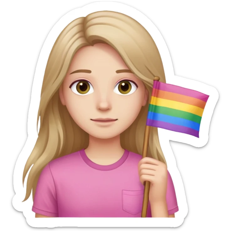 long hair and hazel eyes wearing a pink shirt and holding a pride flag sticker