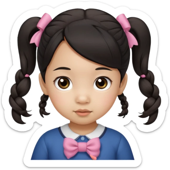 mixed toddler girl asian and american with bow pigtails, dark brown/black hair with big brown eyes emoji sticker