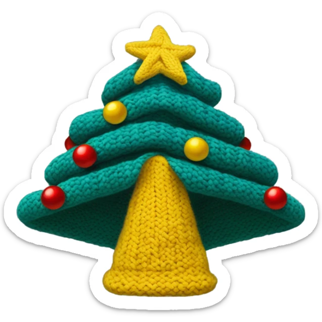 A knit hat like a Christmas tree，The bottom is wide enough for people to wear and has a yellow pentacle on top. The hat is divided into three parts horizontally by blue thread, and the whole hat has several small red, yellow and white wool balls. sticker