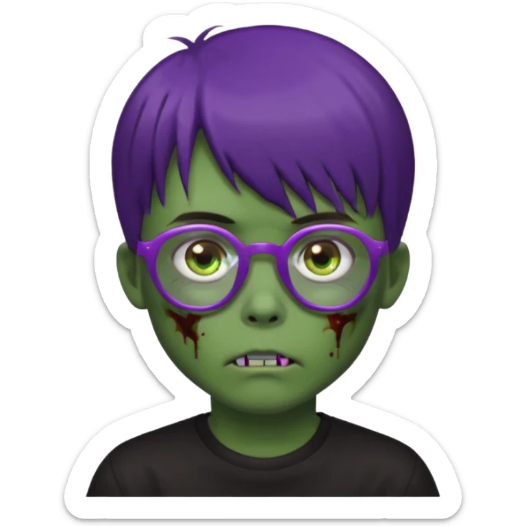 Menino zumbi com cabelo castanho escuro com franja japonesa, olhos castanhos, camisa preta larga, pele verde e óculos lilás sticker