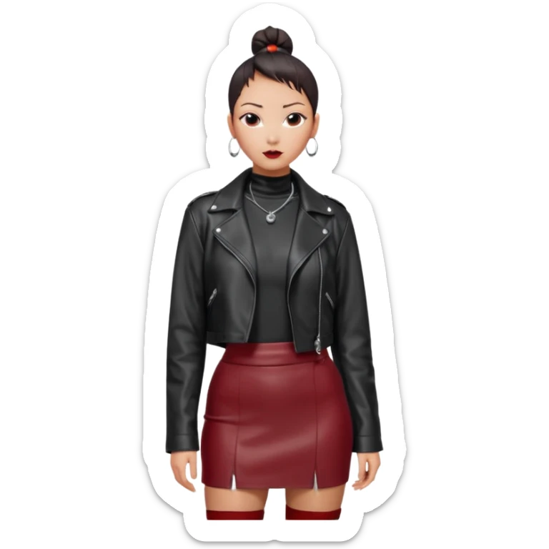Full-body shot of an East Asian woman with a low sleek bun. Oversized black leather jacket that reaches the hips, black turtleneck, silver orb necklace. Red leather mini skirt, burgundy tights, and red long boots. Clean, fashion-editorial look. sticker