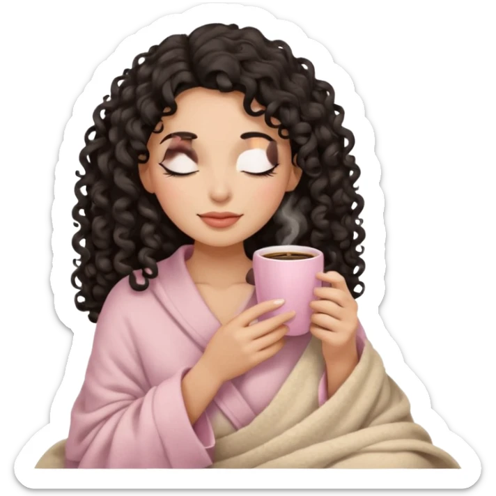 woman with medium tone, black long 3b curls, closed eyes, feminine face, holding soft pink coffee cup with beige blanket over shoulders sticker