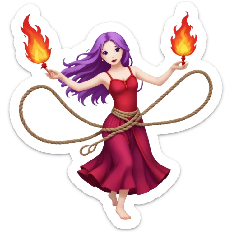 Full body rope Poi fire dance performer pale skin with long purple hair red dress sticker